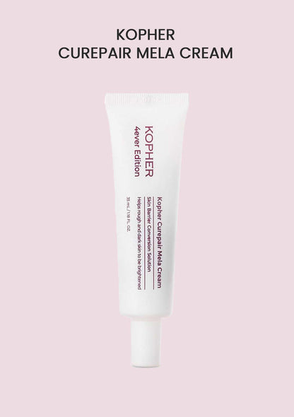 Kopher Curepair Mela Cream tube on a pink background