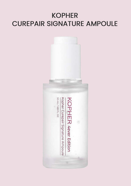 Kopher Curepair Signature Ampoule bottle on a pink background