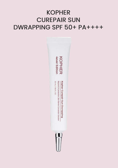 Kopher Curepair Sun Dwrapping SPF 50+ PA++++ on a pink background