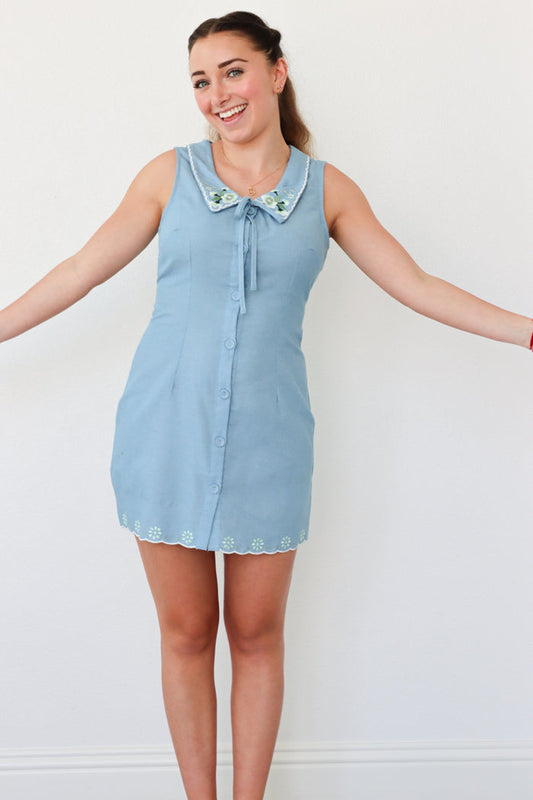girl wearing blue button down short dress