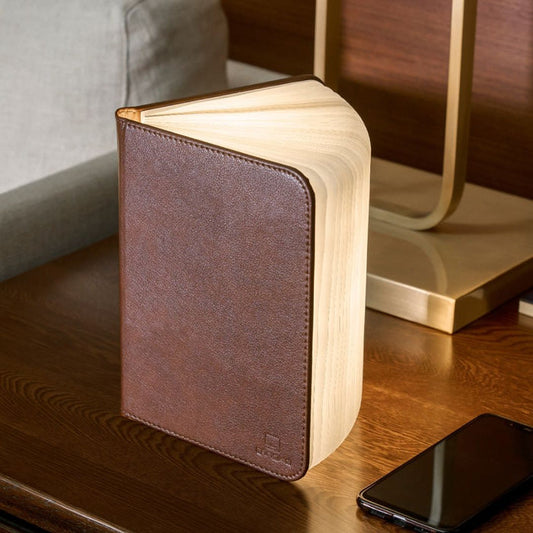 Brown leather smart booklight with LED light illuminating open book pages