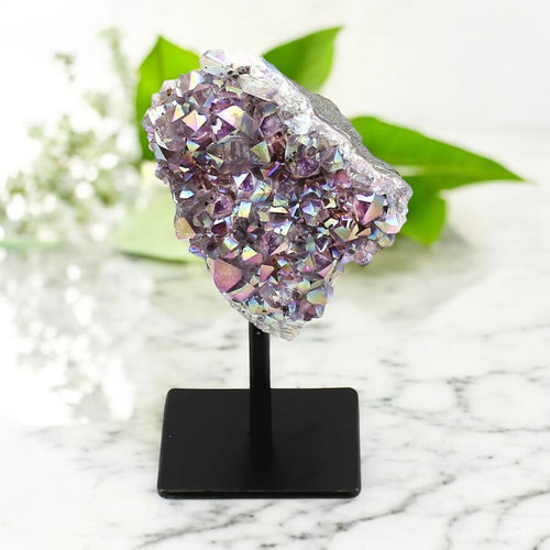 Lavender Aura on Stand on a black stand with a marble background