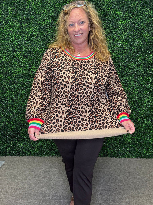 Leopard Sweater with Rainbow Trim