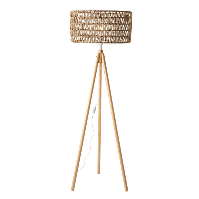 The Lexi Seagrass Natural Tripod Floor Lamp (165x45cm) features a woven rattan shade, wooden tripod base, and visible power cord with inline switch, bringing coastal-inspired lighting to your space.