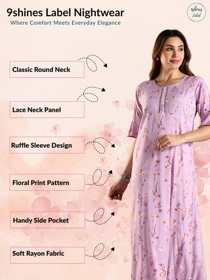 Light Purple Rayon Nightdress with Floral Prints and 3/4 Sleeves