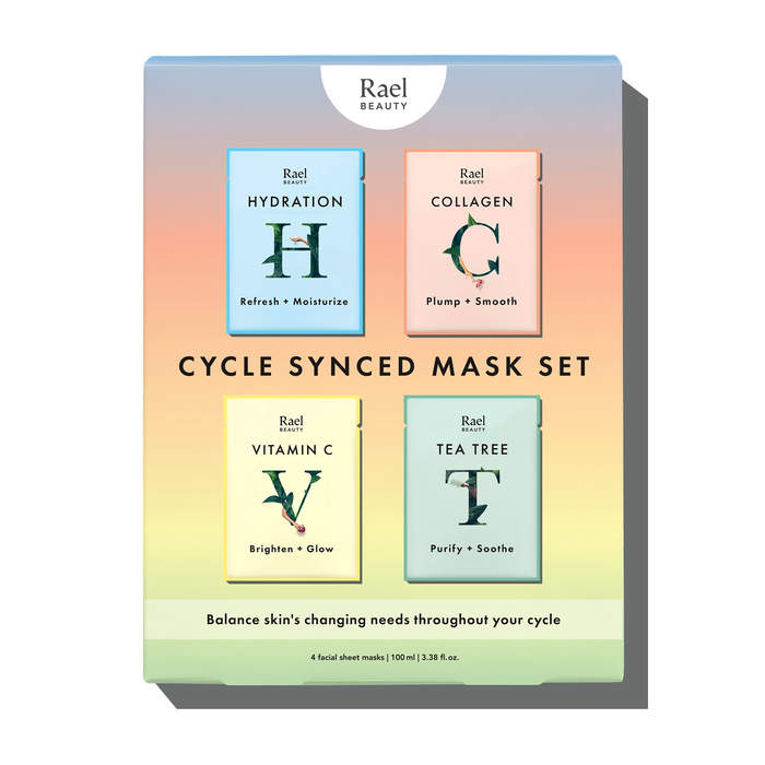 A package containing four Cycle Synced sheet masks by Rael Beauty, with labels for each mask indicating their specific skin benefits and botanical ingredients.