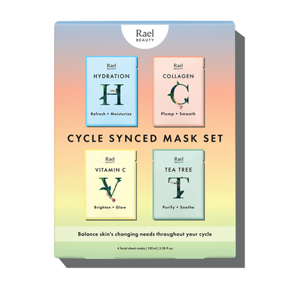 A package containing four Cycle Synced sheet masks by Rael Beauty, with labels for each mask indicating their specific skin benefits and botanical ingredients.