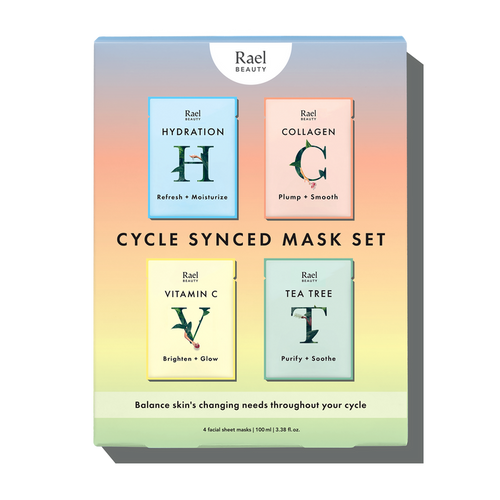 A package containing four Cycle Synced sheet masks by Rael Beauty, with labels for each mask indicating their specific skin benefits and botanical ingredients.