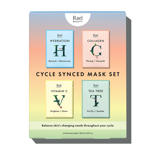 A package containing four Cycle Synced sheet masks by Rael Beauty, with labels for each mask indicating their specific skin benefits and botanical ingredients.