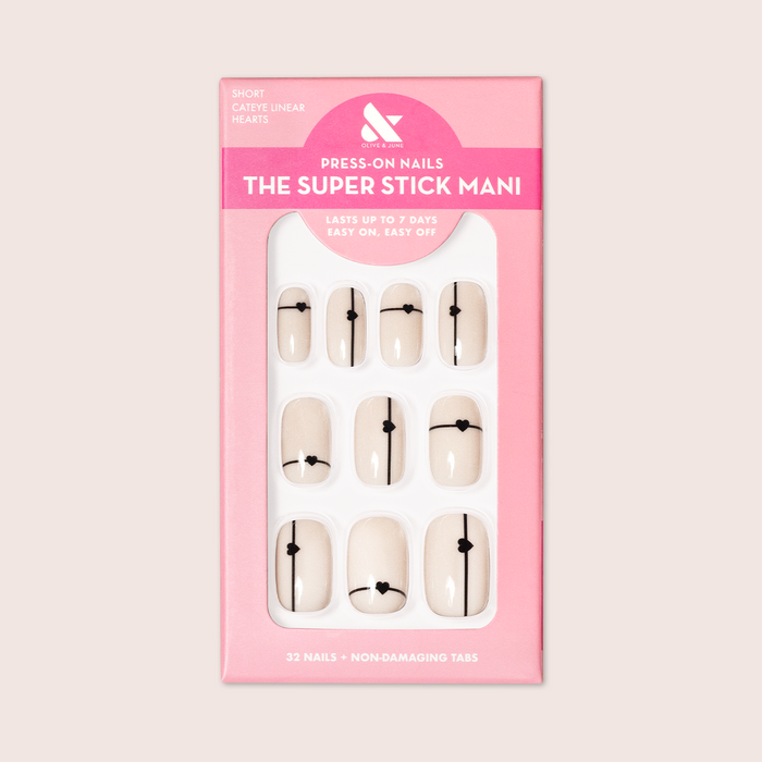 Linear Hearts | Short | Squoval - Tab Press-On neutral beige press-on nails with thin black lines and small heart designs in pink box