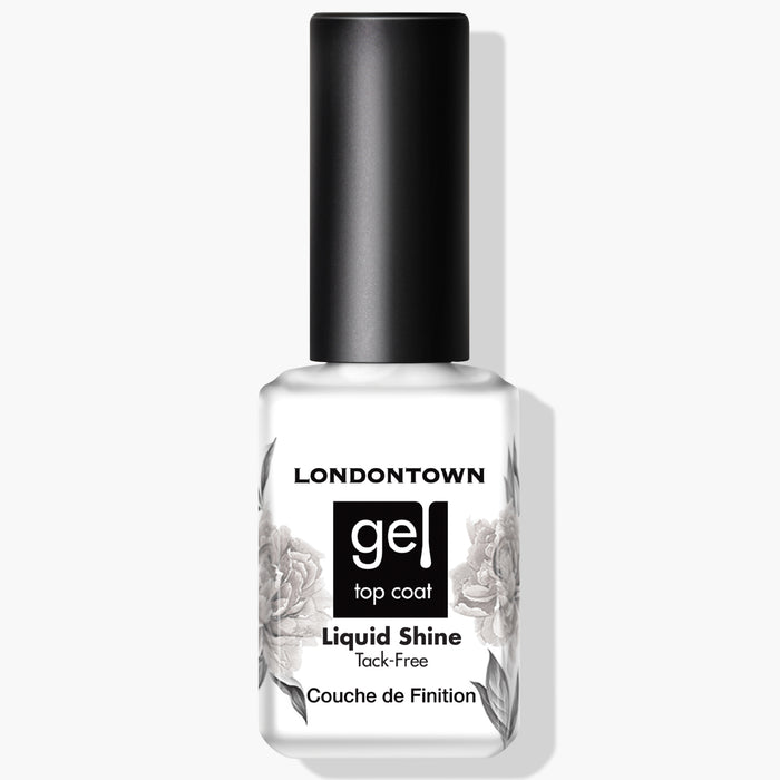 A white bottle of LONDONTOWN Liquid Shine Tack-Free Top Coat, featuring a black cap and adorned with a floral design on the label, promises a superior gloss shield.