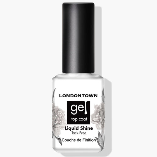 A white bottle of LONDONTOWN Liquid Shine Tack-Free Top Coat, featuring a black cap and adorned with a floral design on the label, promises a superior gloss shield.