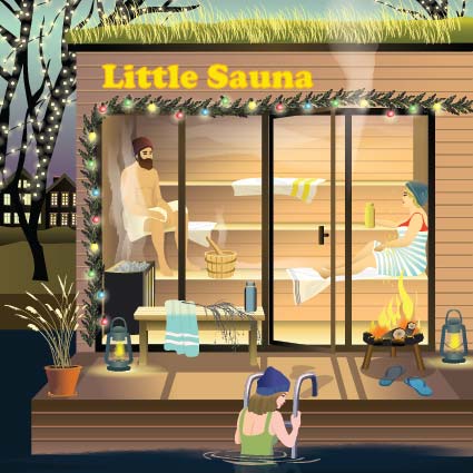Three people enjoy a cozy scene in the “Little Sauna | 150 Piece Jigsaw Puzzle” by ViSSEVASSE: a man and a woman sit together inside the warmly lit, greenery-adorned sauna, while another person in a swimsuit climbs down a ladder into the water outside. This charming image captures an atmosphere of relaxation—perfect for your next 150-piece puzzle challenge.