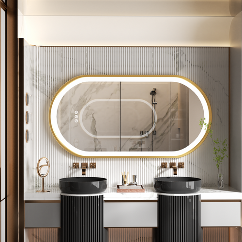 LUVODI Capsule Shape LED Bathroom Mirror with Gold Aluminum Alloy Narrow Frame Defogging 3 Color