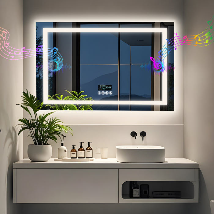 LUVODI LED Bathroom Mirror with Bluetooth Speaker, Rectangular Smart Vanity Mirror with Display screen