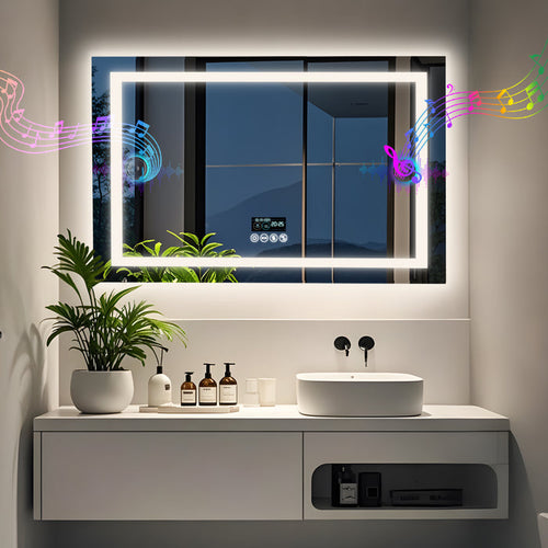 LUVODI LED Bathroom Mirror with Bluetooth Speaker, Rectangular Smart Vanity Mirror with Display screen