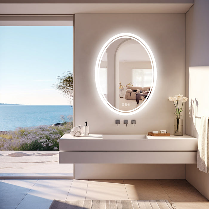 LUVODI Oval Illuminated Bathroom Mirror 3 Colors Defogging Smart Mirror(Glowing Outer Edge)