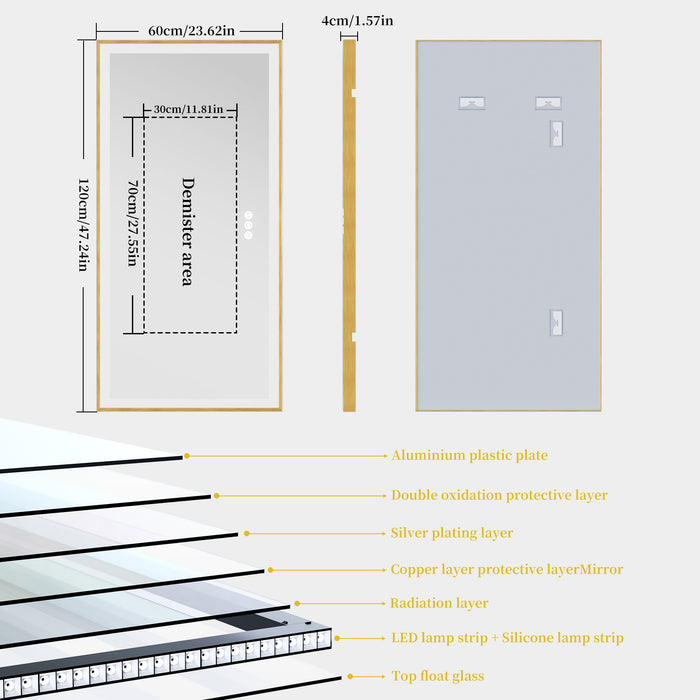 LUVODI Rctangular LED Bathroom Mirror with Gold Aluminum Alloy Narrow Frame Defogging 3 Color