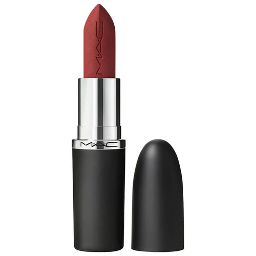 MAC Cosmetics M·A·Cximal Silky Matte 12HR Wear Lipstick in rich, dirty red shade, displayed in sleek black packaging.