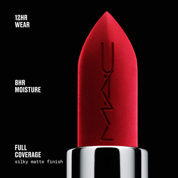 MAC Cosmetics M·A·Cximal Silky Matte lipstick in a sleek tube, featuring a smooth, matte finish and rich color.