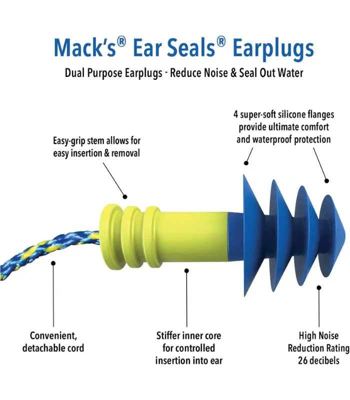 Mack’s Ear Seals Earplugs with dual flange design for noise reduction and ear protection
