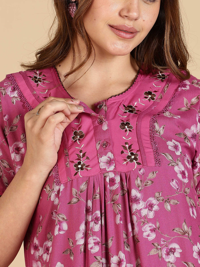 Floral Print Magenta Alpine Nighty For Women