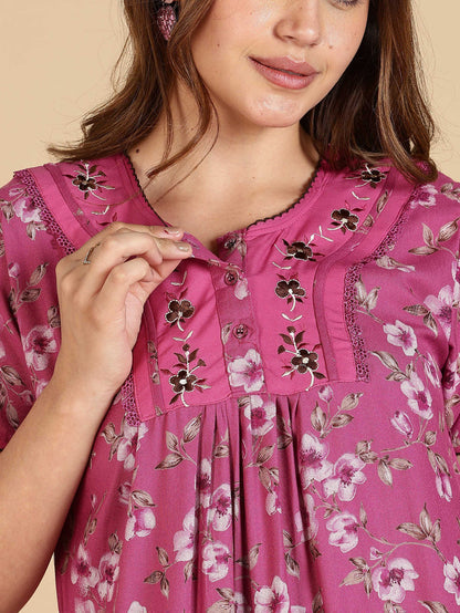 Floral Print Magenta Alpine Nighty For Women
