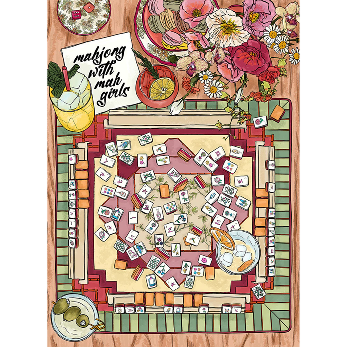 Enjoy Mahjong with your mah girls with this 1,000 piece jigsaw puzzle from Ellembee gift, featuring an illustrated table, tiles, snacks, and flowers. Printed with non-toxic inks and made in the USA.