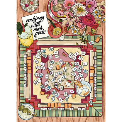 Enjoy Mahjong with your mah girls with this 1,000 piece jigsaw puzzle from Ellembee gift, featuring an illustrated table, tiles, snacks, and flowers. Printed with non-toxic inks and made in the USA.