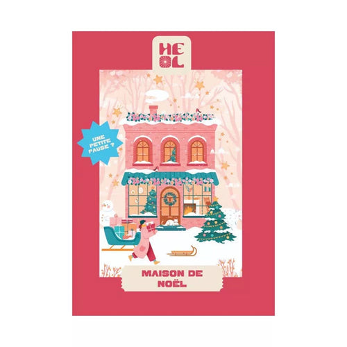 Festive house with Christmas decor, woman carrying gifts, and a decorated tree; text reads Maison de Noël. Heol Editions’ Maison de Noël | 99 Piece Jigsaw Puzzle is made in France—perfect for holiday fun!.