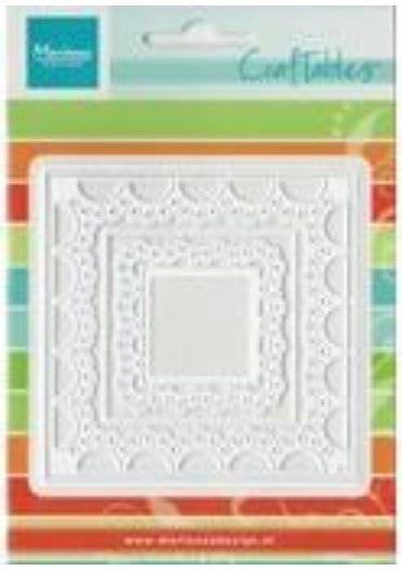 Marianne Design - Craftables Die - Passe Partout - Square. Make pretty Window apertures and doily backgrounds for your cards. Craftables can be used in all leading brand die cutting systems. 4 piece die set. Approx.. sizes: 3 1/2" and 2". Available at Embellish Away located in Bowmanville Ontario Canada.