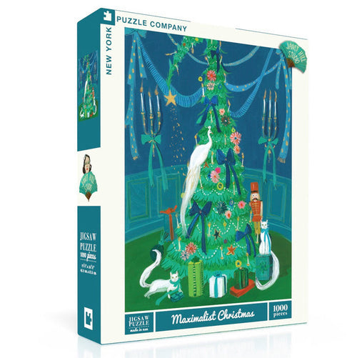 Maximalist Christmas | 1,000 Piece Jigsaw Puzzle by New York Puzzle Company features a whimsical scene of a Christmas tree with gifts, cats, and candles—a charming puzzle perfect for festive fun.