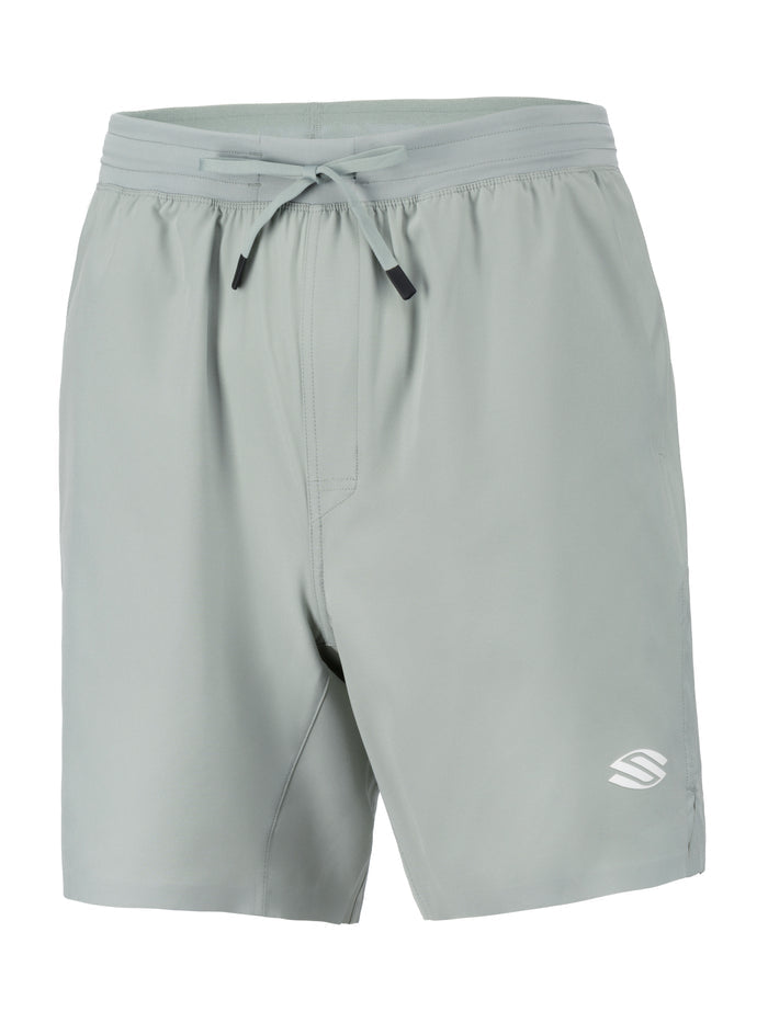 Light sage athletic shorts with elastic drawstring waistband and small white S logo on left hem