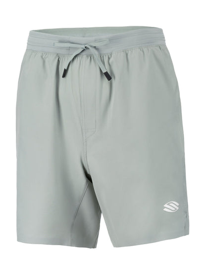 Light sage athletic shorts with elastic drawstring waistband and small white S logo on left hem