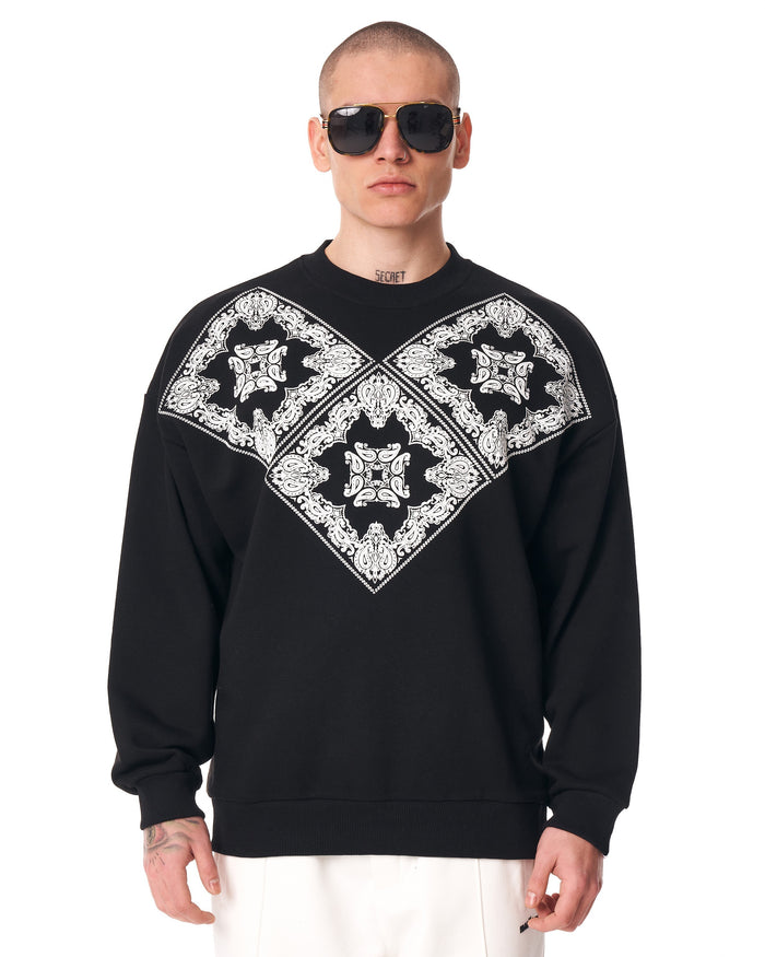 Martin Valen black men's sweatshirt, close-front view highlighting large white ethnic diamond print across shoulders