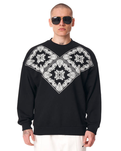 Martin Valen black men's sweatshirt, close-front view highlighting large white ethnic diamond print across shoulders