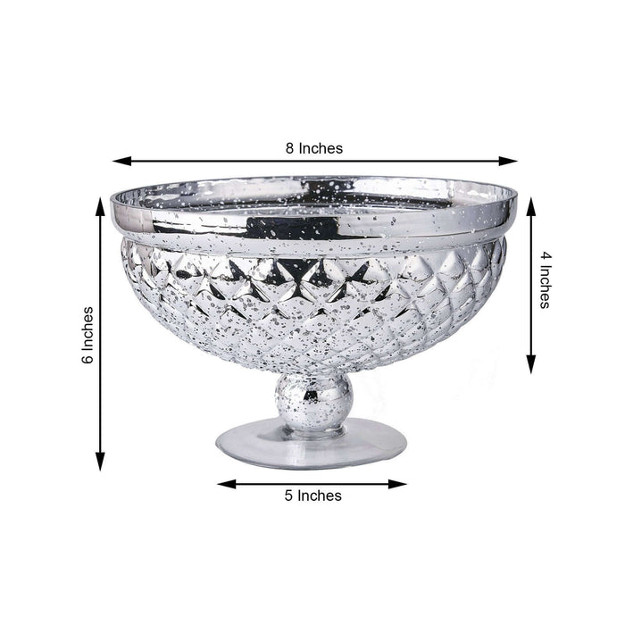 Silver decorative bowl with measurements, 8x5x6 inches.