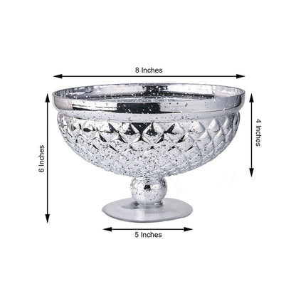 Silver decorative bowl with measurements, 8x5x6 inches.