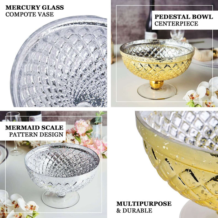 Mercury glass compote vase and pedestal bowl centerpiece in mermaid scale design.