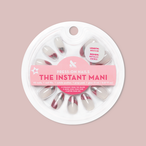 Metallic Swirls - Press-On | Medium | Oval false nails in two-tone metallic swirl design in circular packaging on soft pink background