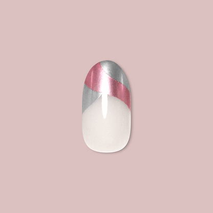 Metallic Swirls - Press-On | Medium | Oval false nail with two-tone metallic pink and silver swirl design on soft pink background