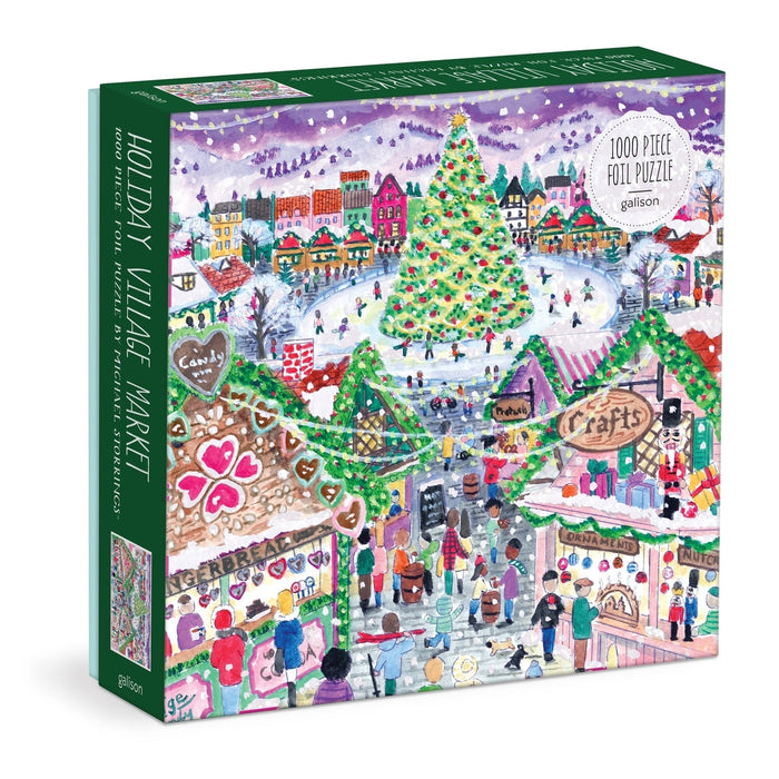 Experience the festive cheer with the Michael Storrings Holiday Village Market 1,000 Piece Jigsaw Puzzle by Chronicle Books, featuring a vibrant illustration of a holiday village market complete with decorated stalls, cheerful townspeople, and a majestic Christmas tree at the center. This enchanting puzzle beautifully captures the joyful spirit of the season, making it a delightful holiday activity for all ages.
