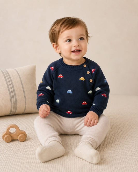 Baby Wearing Mini Cars Embroidered Raglan Baby Pullover Sweater With Matching Pants by Viverano