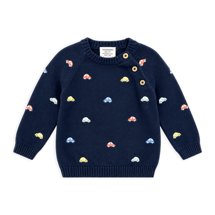 Mini Cars Embroidered Raglan Baby Pullover Sweater, Organic Cotton