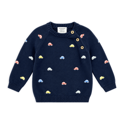 Mini Cars Embroidered Raglan Baby Pullover Sweater, Organic Cotton