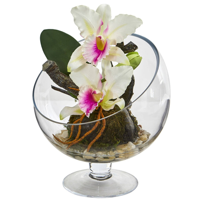 Mini Orchid Cattleya Artificial Arrangement in Pedestal Vase