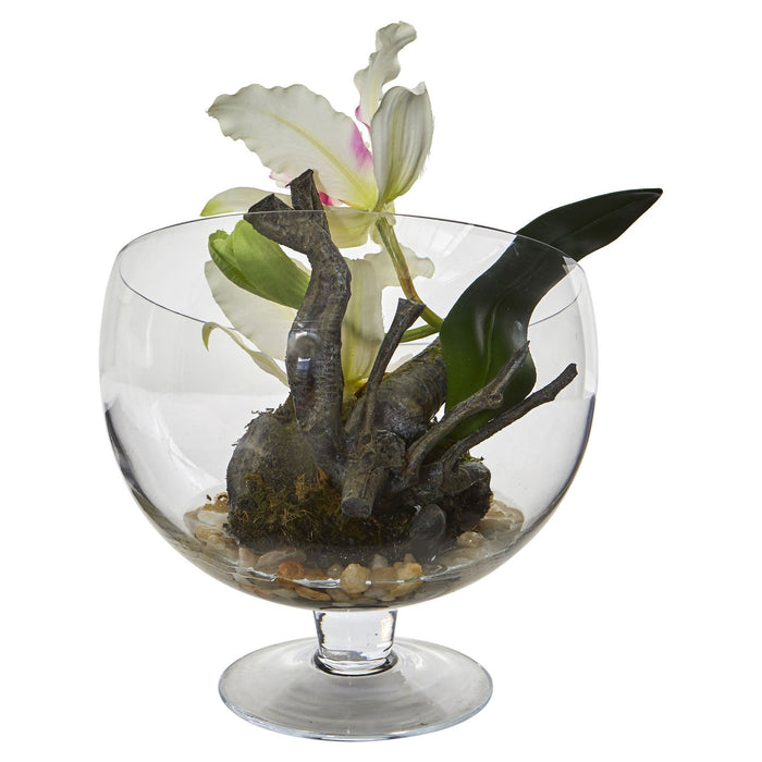 Mini Orchid Cattleya Artificial Arrangement in Pedestal Vase