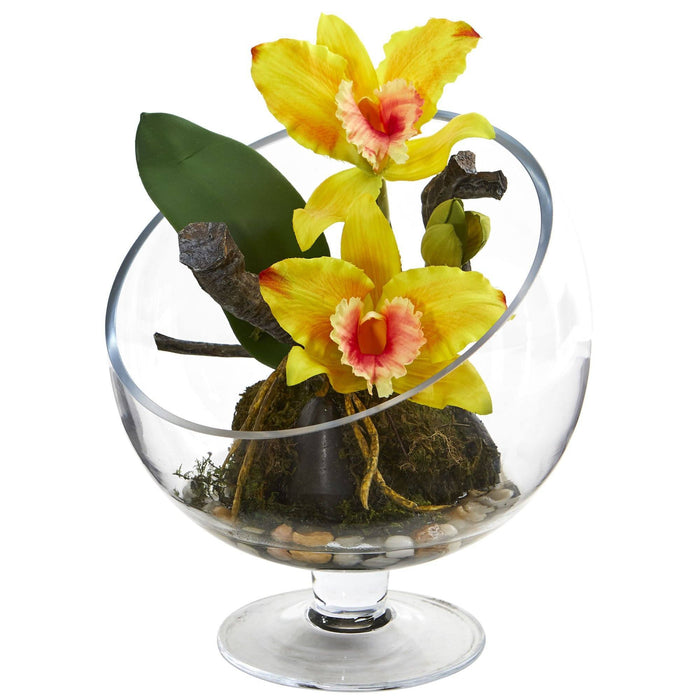 Mini Orchid Cattleya Artificial Arrangement in Pedestal Vase