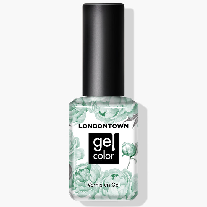 A bottle of LONDONTOWN Mint No Chip UV/LED Gel Color nail polish with a floral design on a white background in a delightful mint creme shade, and proudly vegan.