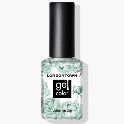 A bottle of LONDONTOWN Mint No Chip UV/LED Gel Color nail polish with a floral design on a white background in a delightful mint creme shade, and proudly vegan.